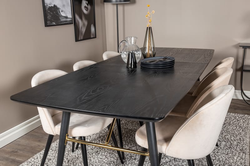 Irunea Förlängningsbar Matgrupp 180 cm inkl 6 Valeri Stolar - Svart/Beige/Sammet - Möbler - Bord & matgrupper - Matgrupper