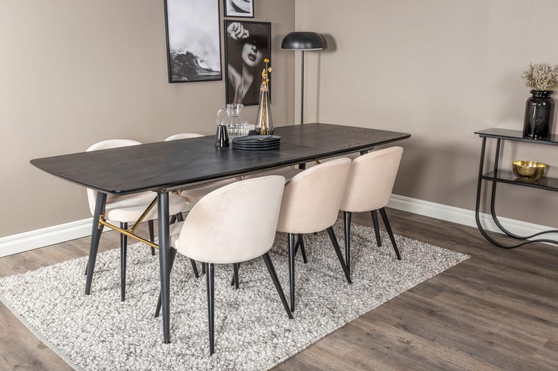 Irunea Förlängningsbar Matgrupp 180 cm inkl 6 Valeri Stolar - Svart/Beige/Sammet - Möbler - Bord & matgrupper - Matgrupper