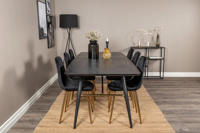 Irunea Förlängningsbar Matgrupp 180 cm inkl 6 Pontus Stolar - Svart/Mässing/Sammet - Möbler - Bord & matgrupper - Matgrupper