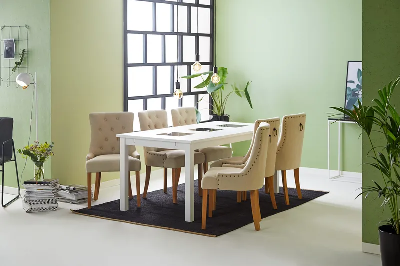 Jasmin Matgrupp Vit med 6 st Viktoria Fåtöljer - Beige/Vintageben - Möbler - Bord & matgrupper - Matgrupper