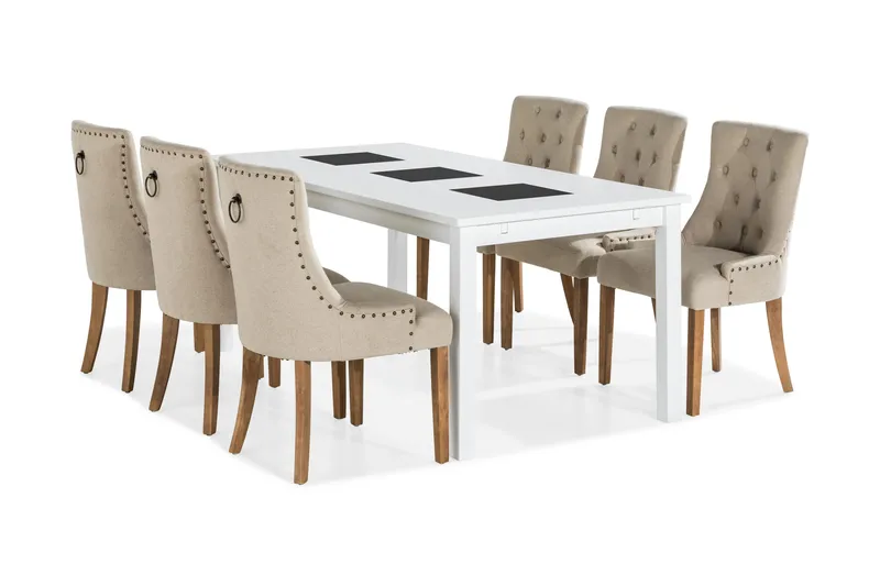 Jasmin Matgrupp Vit med 6 st Viktoria Fåtöljer, Beige/Vintageben