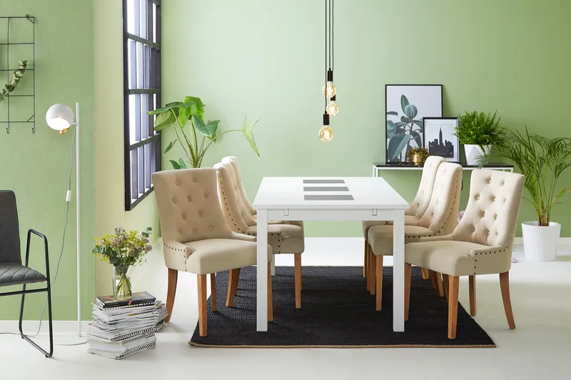 Jasmin Matgrupp Vit med 6 st Viktoria Fåtöljer - Beige/Vintageben - Möbler - Bord & matgrupper - Matgrupper