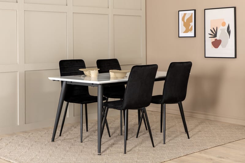 Jimms Förlängningsbar Matgrupp 150 cm inkl 4 Robin Stolar, Vit/Svart/Sammet