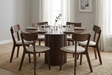 Juno Matgrupp 150 cm runt i Valnöt med 6 Amelia Matstolar med Dyna - Valnöt/Beige - Möbler - Bord & matgrupper - Matgrupper