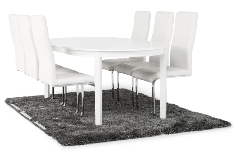 Läckö Förlängningsbar Matgrupp 150 cm med 6 Cibus Stol - Vit/Vit PU/Krom - Möbler - Bord & matgrupper - Matgrupper