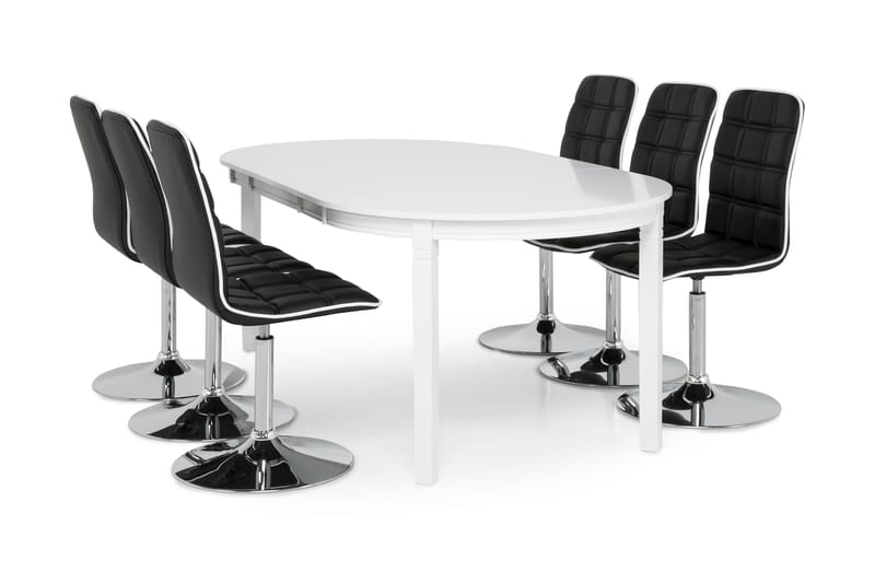 Läckö Förlängningsbar Matgrupp 150 cm med 6 Frida Stol - Vit/Svart PU/Krom - Möbler - Bord & matgrupper - Matgrupper