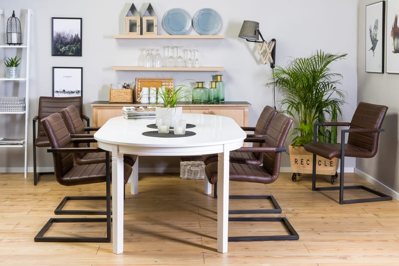 Läckö Förlängningsbar Matgrupp 150 cm med 6 House Stol - Vit/Mörkbrun PU - Möbler - Bord & matgrupper - Matgrupper