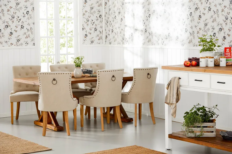 Lyon Förlängningsbar Matgrupp 200 cm med 6 Viktoria Fåtölj - Brunt Trä / Natur Beige - Möbler - Bord & matgrupper - Matgrupper