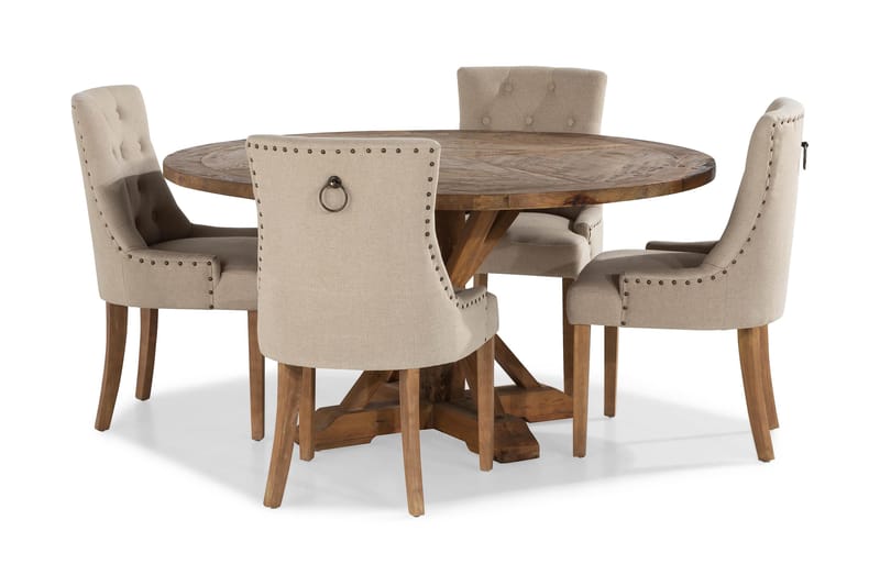 Lyon Matgrupp Ø150 cm Rund med 4 st Viktoria Stolar - Vintage Alm / Beige - Möbler - Bord & matgrupper - Matgrupper