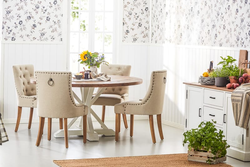 Lyon Matgrupp Ø150 cm Rund med 4 st Viktoria Stolar - Vintage Natur/Vit/Beige - Möbler - Bord & matgrupper - Matgrupper