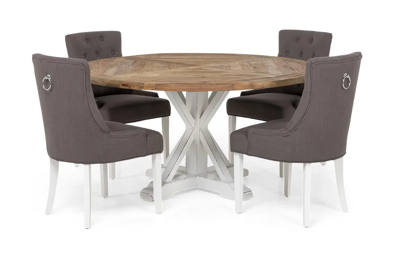 Lyon Matgrupp Ø150 cm Rund med 4 st Viktoria Stolar, Vintage Natur/Vit/Grå