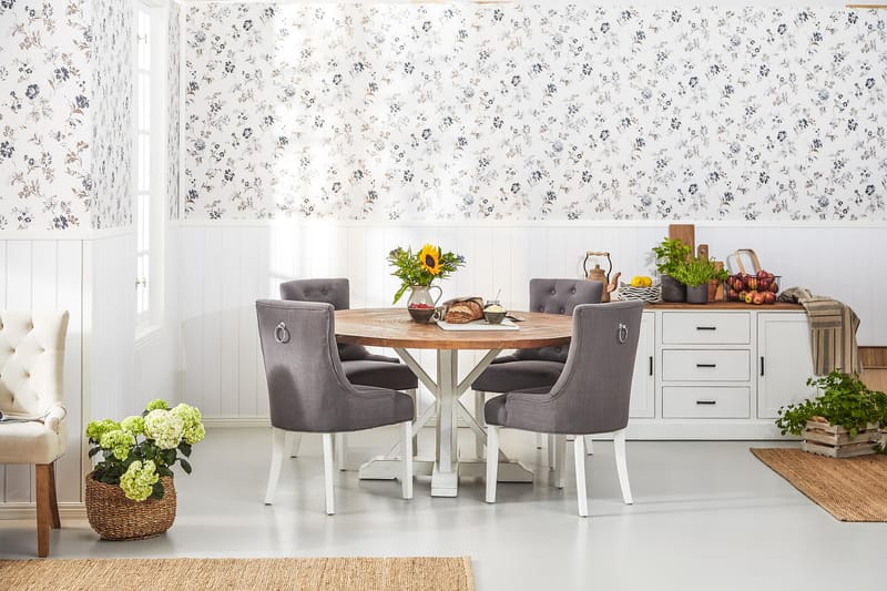 Lyon Matgrupp Ø150 cm Rund med 4 st Viktoria Stolar - Vintage Natur/Vit/Grå - Möbler - Bord & matgrupper - Matgrupper