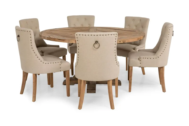 Lyon Matgrupp Ø150 cm Rund med 6 st Viktoria Stolar - Vintage Alm/Beige - Möbler - Bord & matgrupper - Matgrupper