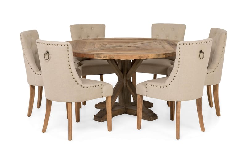 Lyon Matgrupp Ø150 cm Rund med 6 st Viktoria Stolar - Vintage Alm/Beige - Möbler - Bord & matgrupper - Matgrupper
