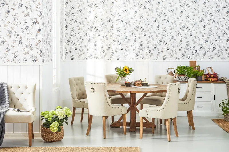 Lyon Matgrupp Ø150 cm Rund med 6 st Viktoria Stolar - Vintage Alm/Beige - Möbler - Bord & matgrupper - Matgrupper