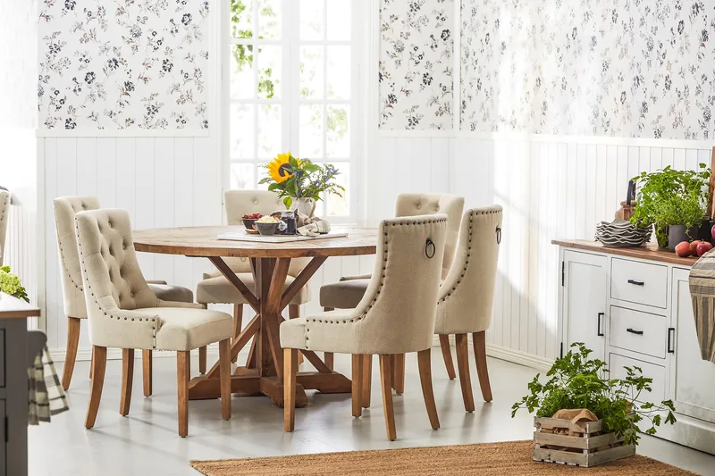 Lyon Matgrupp Ø150 cm Rund med 6 st Viktoria Stolar - Vintage Alm/Beige - Möbler - Bord & matgrupper - Matgrupper