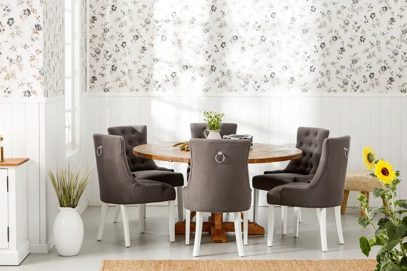 Lyon Matgrupp Ø150 cm Rund med 6 st Viktoria Stolar - Vintage Alm/Grå/Vit - Möbler - Bord & matgrupper - Matgrupper