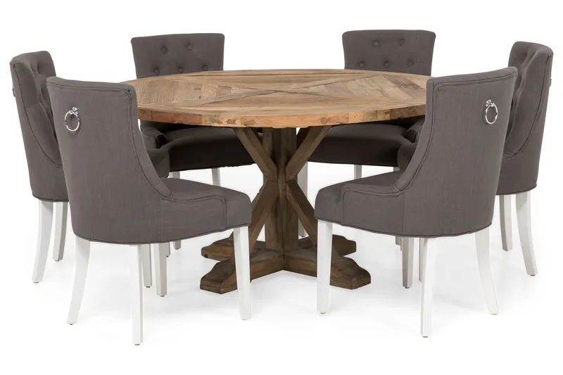 Lyon Matgrupp Ø150 cm Rund med 6 st Viktoria Stolar - Vintage Alm/Grå/Vit - Möbler - Bord & matgrupper - Matgrupper