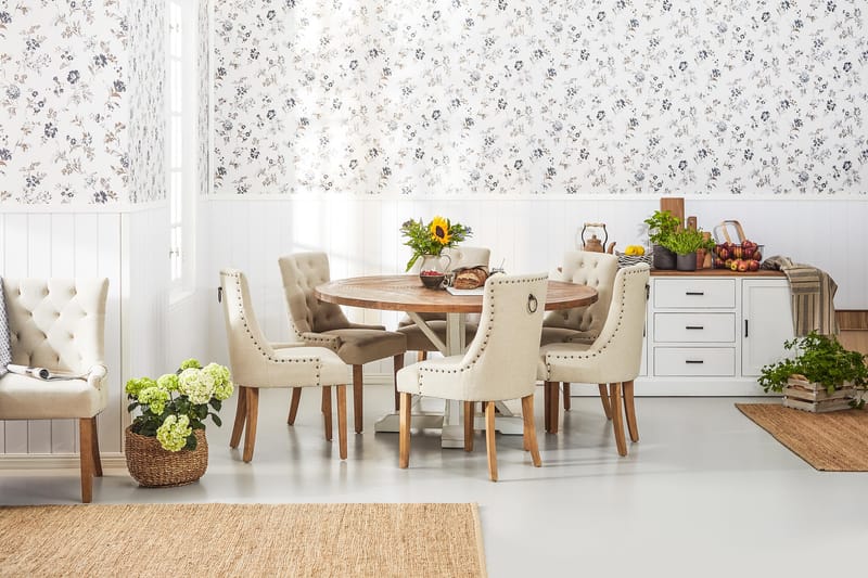 Lyon Matgrupp Ø150 cm Rund med 6 st Viktoria Stolar - Vintage Natur / Vit / Beige - Möbler - Bord & matgrupper - Matgrupper