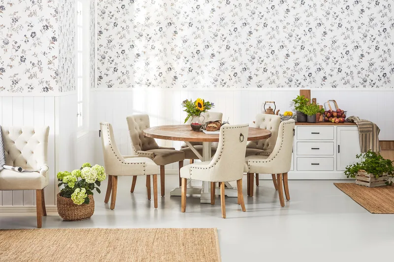 Lyon Matgrupp Ø150 cm Rund med 6 st Viktoria Stolar - Vintage Natur / Vit / Beige - Möbler - Bord & matgrupper - Matgrupper