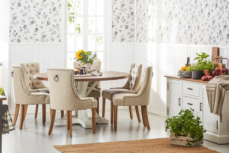 Lyon Matgrupp Ø150 cm Rund med 6 st Viktoria Stolar - Vintage Natur / Vit / Beige - Möbler - Bord & matgrupper - Matgrupper