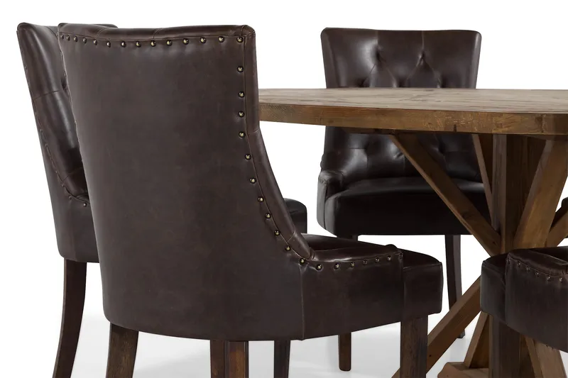 Lyon Matgrupp 150 cm Rund Mörkt trä med 6 Tuva Stolar - Vintage Alm / Brun Pu - Möbler - Bord & matgrupper - Matgrupper