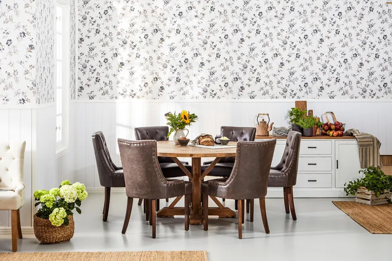 Lyon Matgrupp 150 cm Rund Mörkt trä med 6 Tuva Stolar - Vintage Alm / Brun Pu - Möbler - Bord & matgrupper - Matgrupper