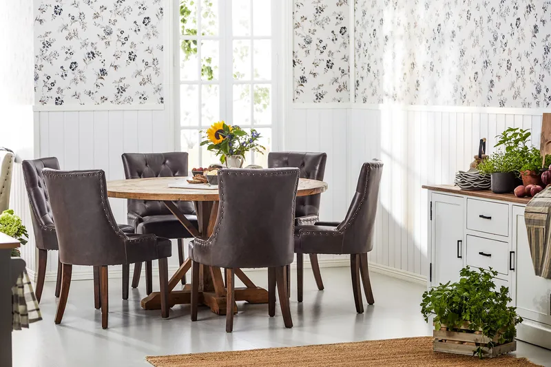 Lyon Matgrupp 150 cm Rund Mörkt trä med 6 Tuva Stolar - Vintage Alm / Brun Pu - Möbler - Bord & matgrupper - Matgrupper