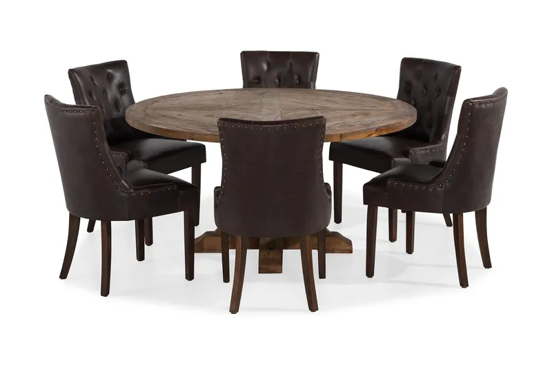 Lyon Matgrupp 150 cm Rund Mörkt trä med 6 Tuva Stolar - Vintage Alm / Brun Pu - Möbler - Bord & matgrupper - Matgrupper