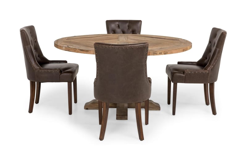 Lyon Matgrupp 150 cm Rund med 4 Tuva Fåtölj - Vintage Alm/Brun PU - Möbler - Bord & matgrupper - Matgrupper