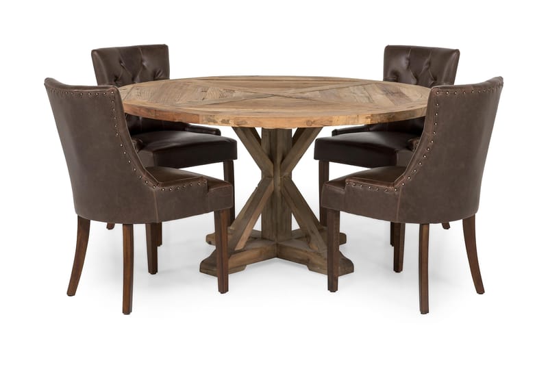 Lyon Matgrupp 150 cm Rund med 4 Tuva Fåtölj - Vintage Alm/Brun PU - Möbler - Bord & matgrupper - Matgrupper