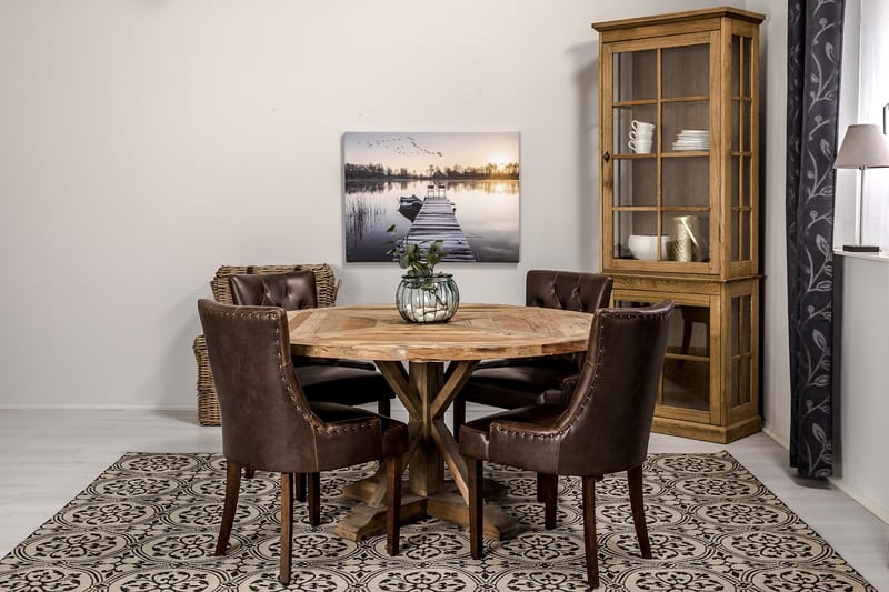 Lyon Matgrupp 150 cm Rund med 4 Tuva Fåtölj - Vintage Alm/Brun PU - Möbler - Bord & matgrupper - Matgrupper