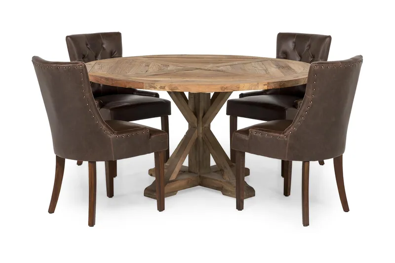 Lyon Matgrupp 150 cm Rund med 4 Tuva Fåtölj, Vintage Alm/Brun PU