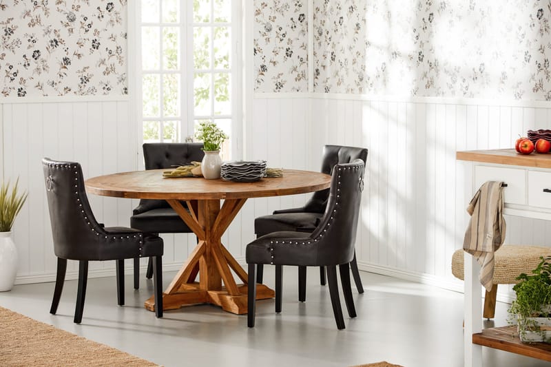 Lyon Matgrupp 150 cm Rund med 4 Tuva Fåtölj - Vintage Alm/Svart PU - Möbler - Bord & matgrupper - Matgrupper