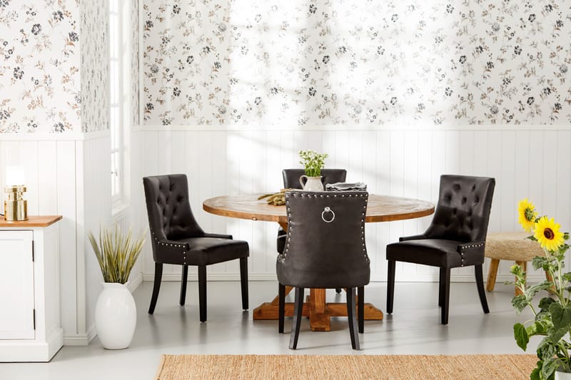 Lyon Matgrupp 150 cm Rund med 4 Tuva Fåtölj - Vintage Alm/Svart PU - Möbler - Bord & matgrupper - Matgrupper