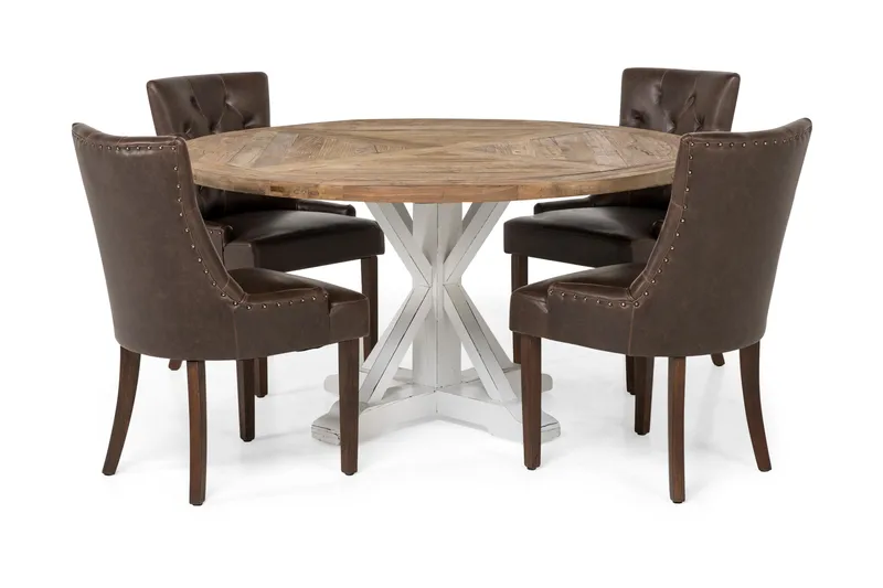 Lyon Matgrupp 150 cm Rund med 4 Tuva Fåtölj, Vintage Alm/Vit/Brun PU
