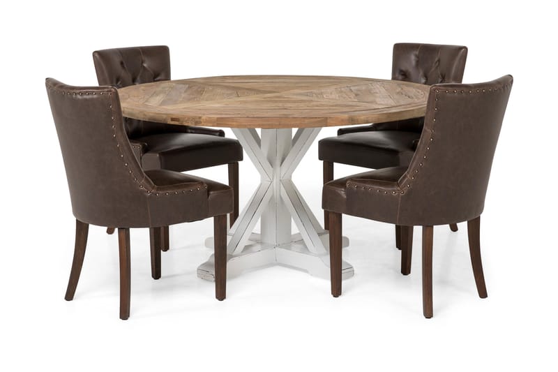 Lyon Matgrupp 150 cm Rund med 4 Tuva Fåtölj, Vintage Alm/Vit/Brun PU