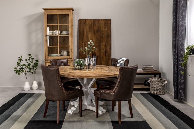 Lyon Matgrupp 150 cm Rund med 4 Tuva Fåtölj - Vintage Alm/Vit/Brun PU - Möbler - Bord & matgrupper - Matgrupper