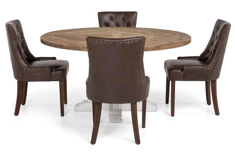 Lyon Matgrupp 150 cm Rund med 4 Tuva Fåtölj - Vintage Alm/Vit/Brun PU - Möbler - Bord & matgrupper - Matgrupper