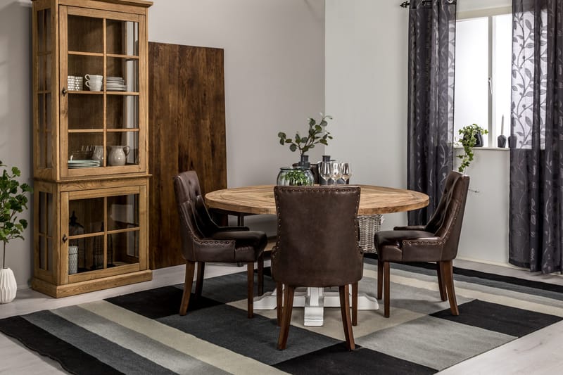 Lyon Matgrupp 150 cm Rund med 4 Tuva Fåtölj - Vintage Alm/Vit/Brun PU - Möbler - Bord & matgrupper - Matgrupper