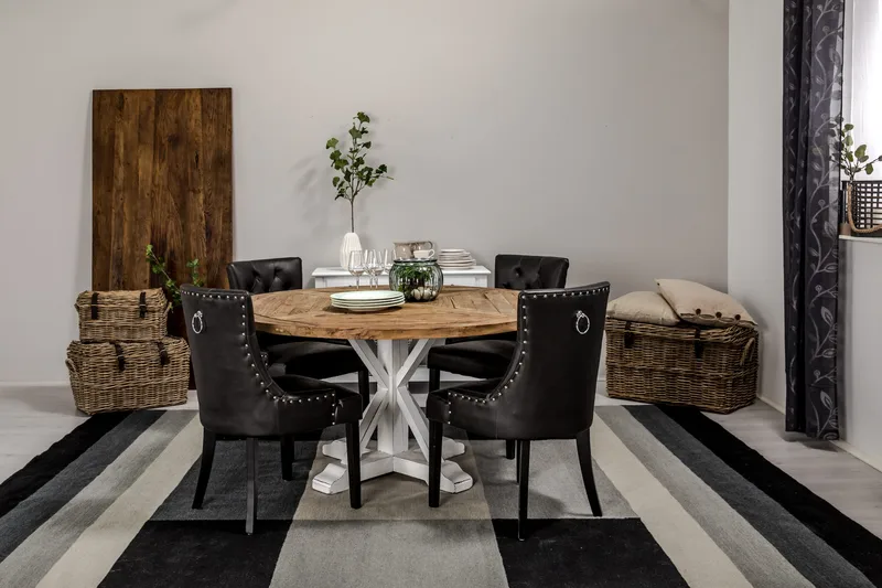 Lyon Matgrupp 150 cm Rund med 4 Tuva Fåtölj - Vintage Alm/Vit/Svart PU - Möbler - Bord & matgrupper - Matgrupper