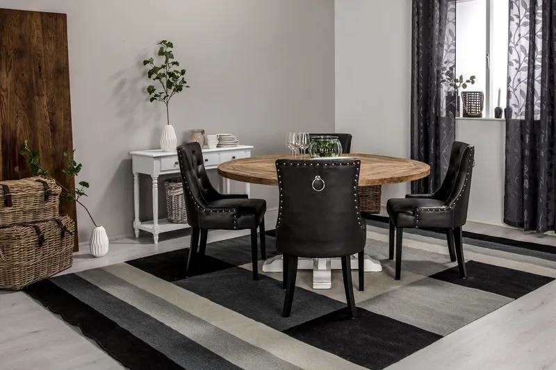 Lyon Matgrupp 150 cm Rund med 4 Tuva Fåtölj - Vintage Alm/Vit/Svart PU - Möbler - Bord & matgrupper - Matgrupper