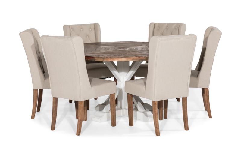 Lyon Matgrupp 150 cm Rund med 6 Irma Stol - Vintage Alm/Beige - Möbler - Bord & matgrupper - Matgrupper