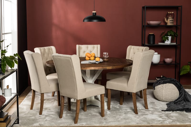 Lyon Matgrupp 150 cm Rund med 6 Irma Stol - Vintage Alm/Beige - Möbler - Bord & matgrupper - Matgrupper