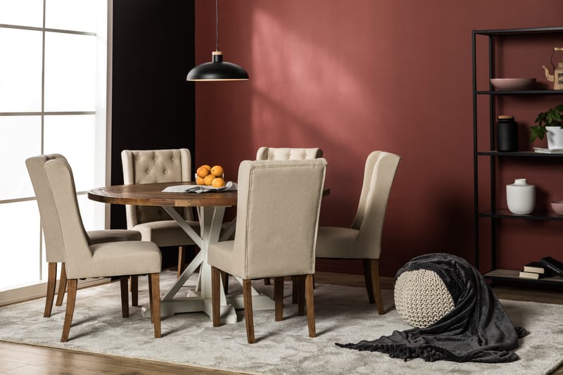 Lyon Matgrupp 150 cm Rund med 6 Irma Stol - Vintage Alm/Beige - Möbler - Bord & matgrupper - Matgrupper