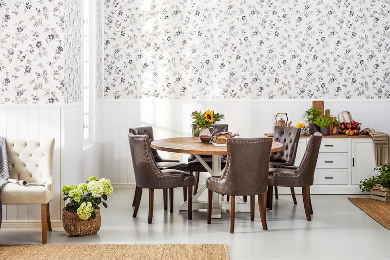 Lyon Matgrupp 150 cm Rund med 6 Tuva Fåtölj - Vintage Alm/Vit/Brun PU - Möbler - Bord & matgrupper - Matgrupper