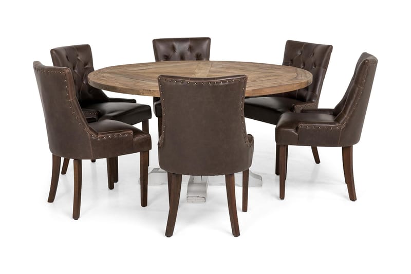 Lyon Matgrupp 150 cm Rund med 6 Tuva Fåtölj - Vintage Alm/Vit/Brun PU - Möbler - Bord & matgrupper - Matgrupper