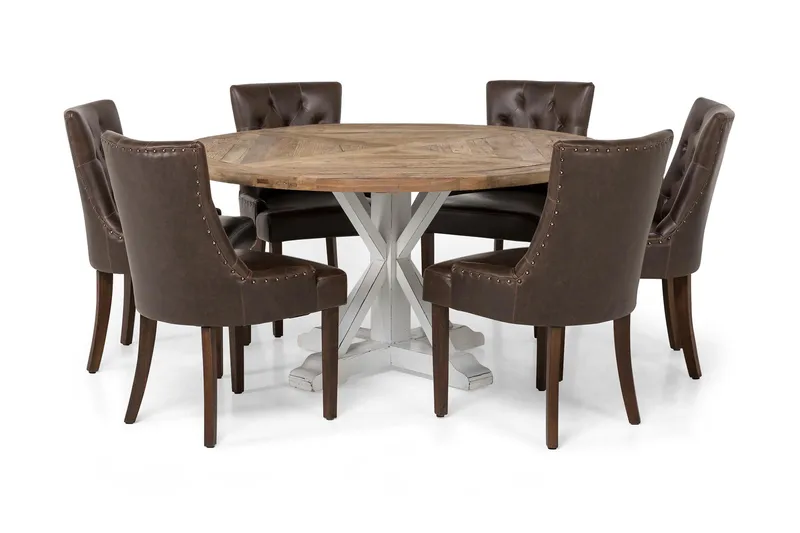 Lyon Matgrupp 150 cm Rund med 6 Tuva Fåtölj - Vintage Alm/Vit/Brun PU - Möbler - Bord & matgrupper - Matgrupper