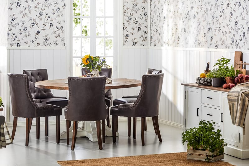 Lyon Matgrupp 150 cm Rund med 6 Tuva Fåtölj - Vintage Alm/Vit/Brun PU - Möbler - Bord & matgrupper - Matgrupper