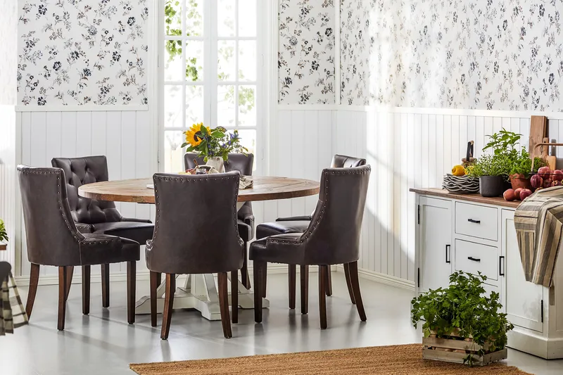 Lyon Matgrupp 150 cm Rund med 6 Tuva Fåtölj - Vintage Alm/Vit/Brun PU - Möbler - Bord & matgrupper - Matgrupper